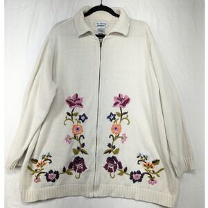 All American Comfort Floral Embroidered Cream Ramie Cotton Full Zip Cardigan 1X‎